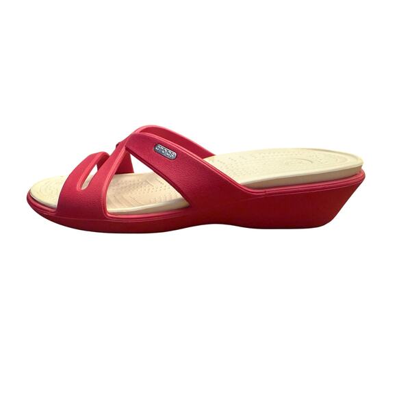 CROCS Patricia II Low Wedge Slide Sandals Women’s 10 Pink White Comfort Strappy - Picture 4 of 9